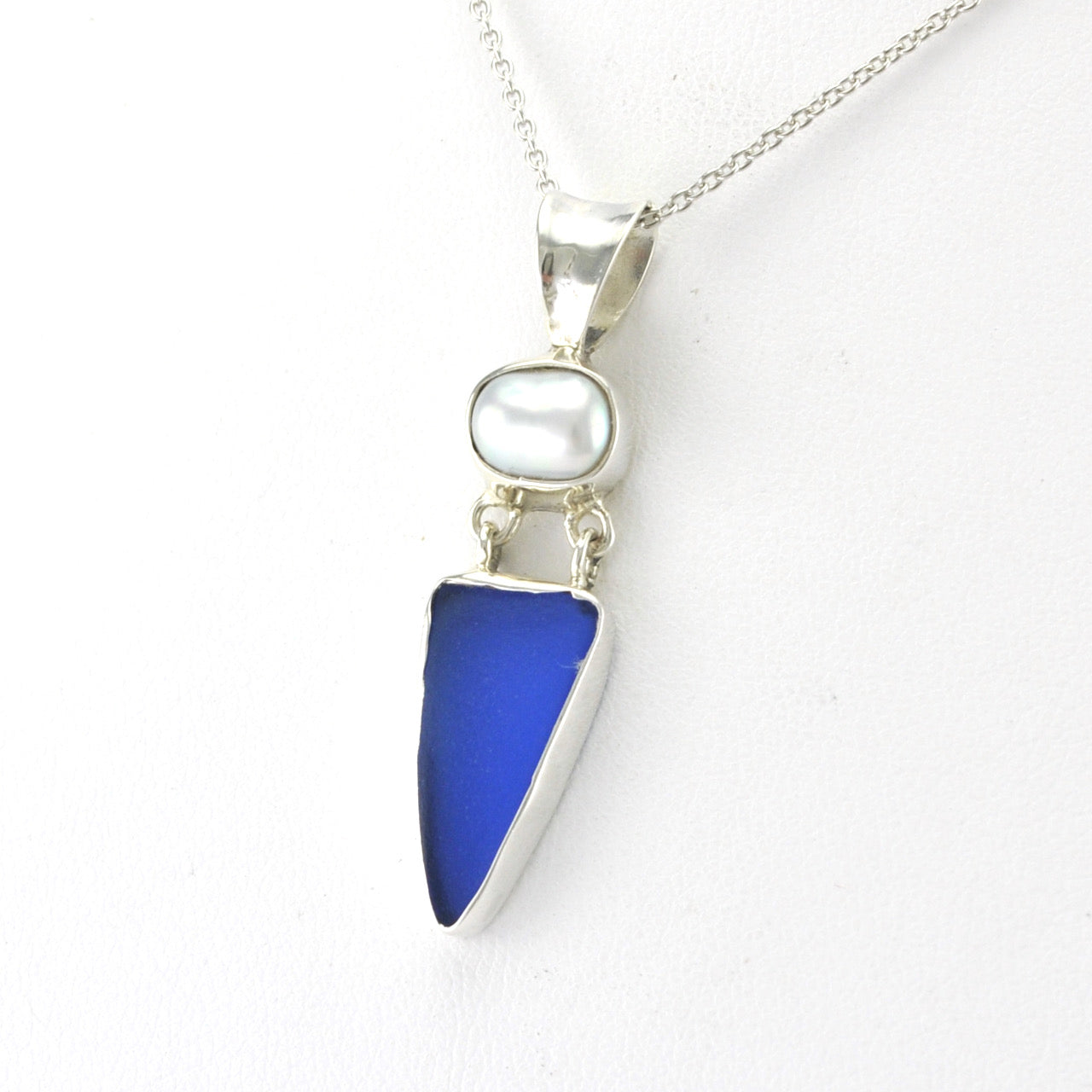 Sea Glass Bar Necklace, Blue Beach Glass Necklace, Sterling Silver 16