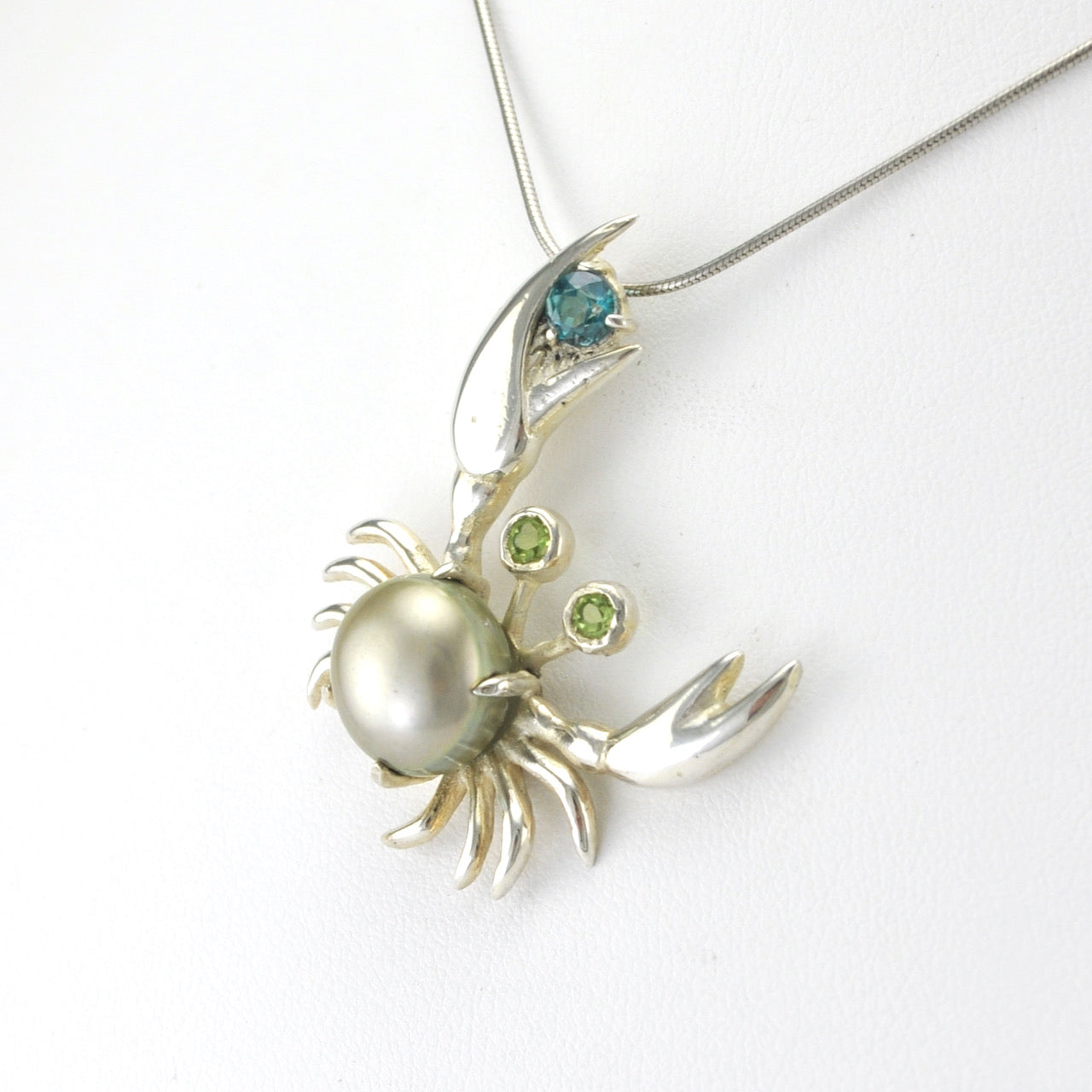 Sterling Silver Pearl Topaz Crab Pendant