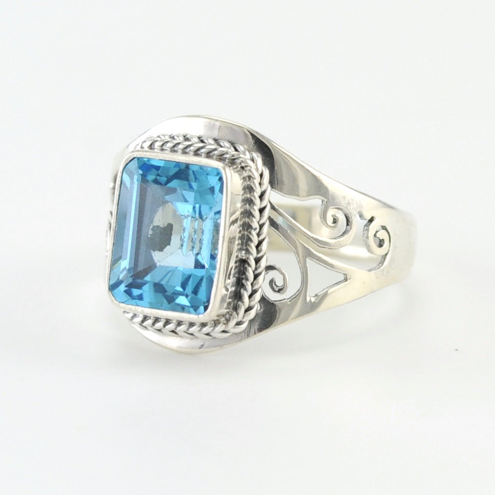 Side View Silver Blue Topaz Rectangle Filigree Cutout Ring