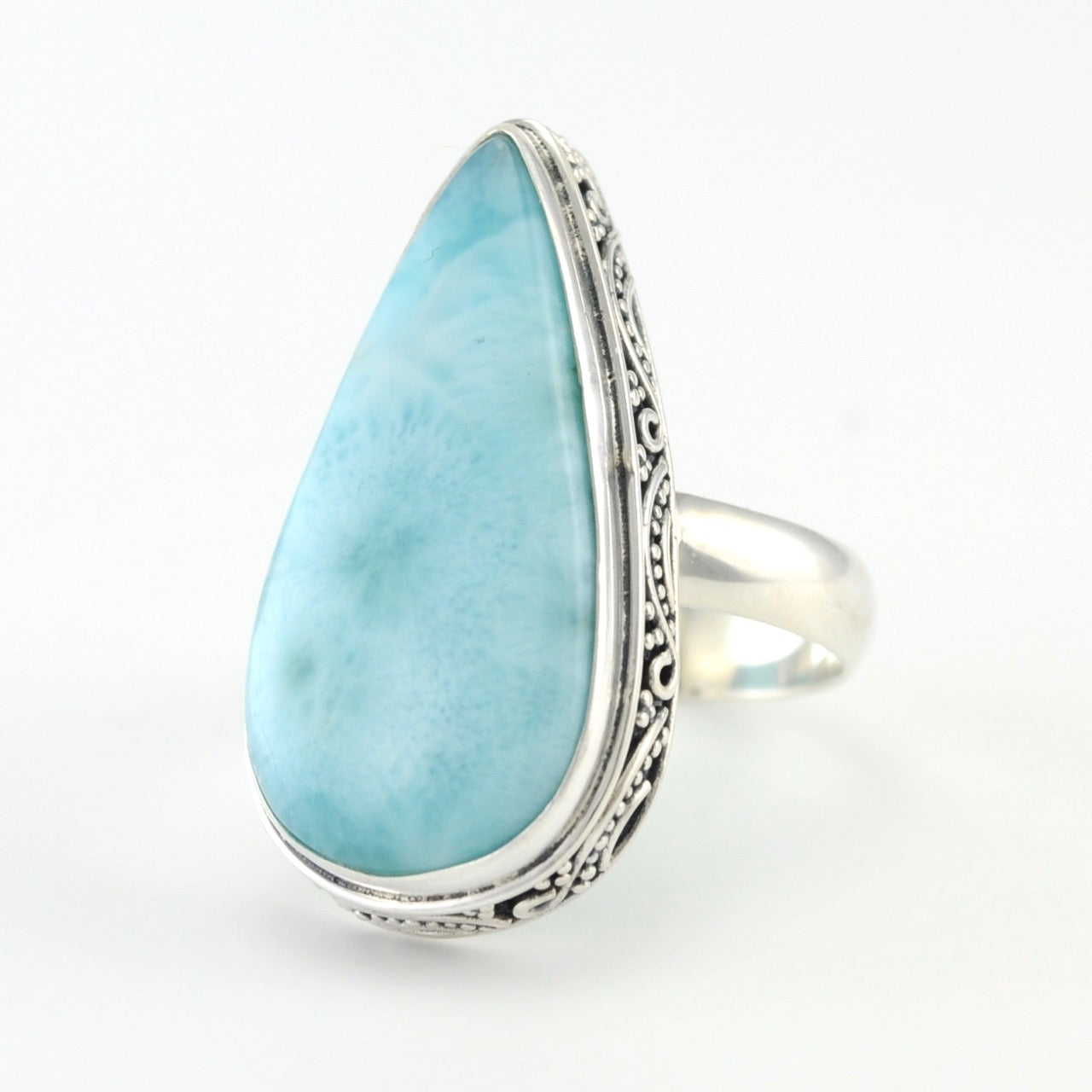 Silver Larimar Long Tear Bali Ring