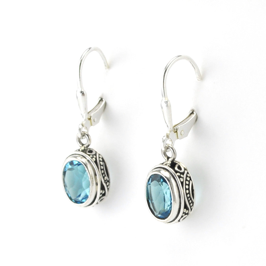 Silver Blue Topaz 6x8mm Oval Bali Dangle Earrings