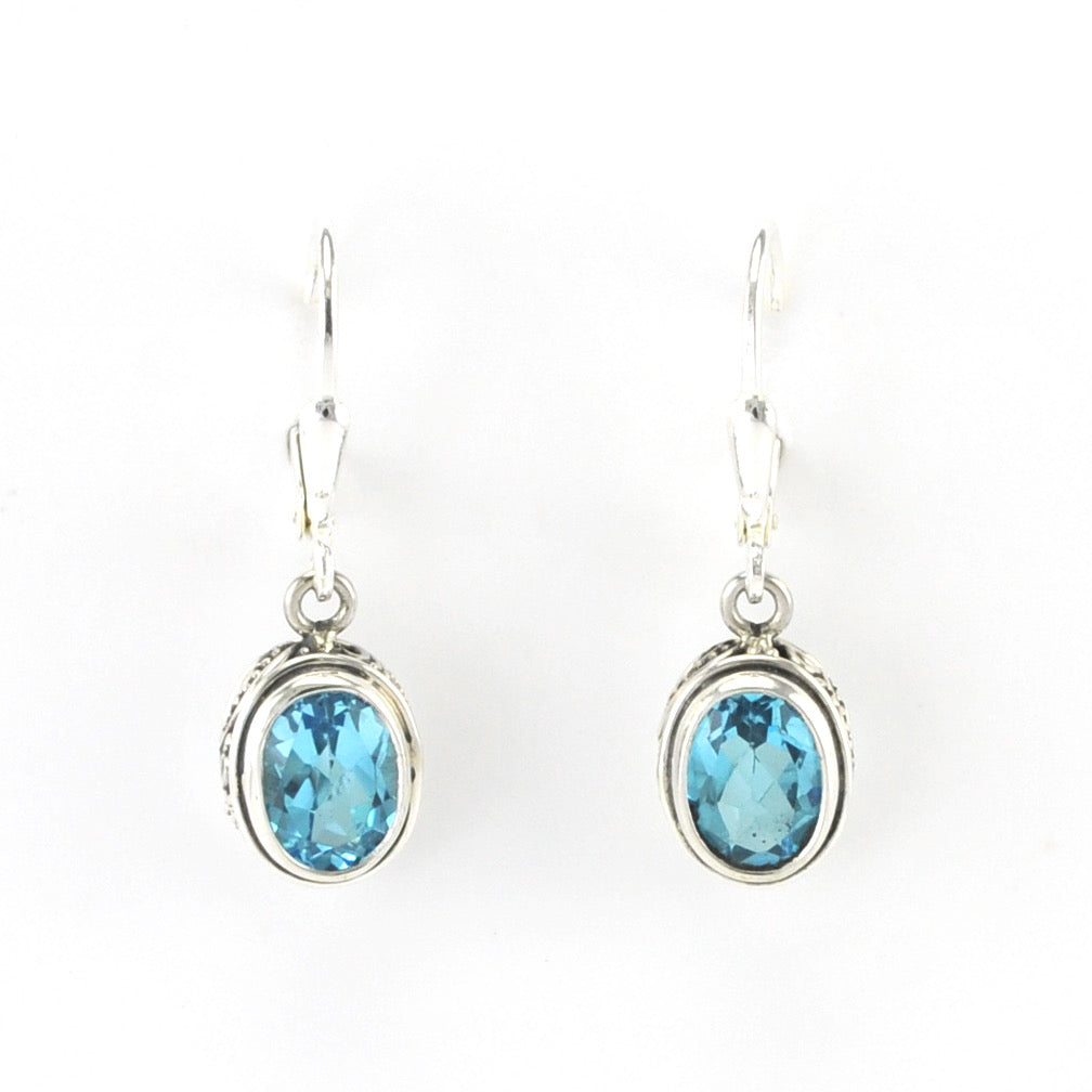 Alt View Silver Blue Topaz 6x8mm Oval Bali Dangle Earrings