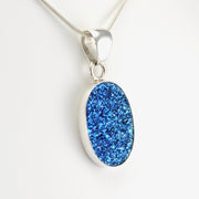 Side View Silver Blue Druzy Agate Oval Pendant