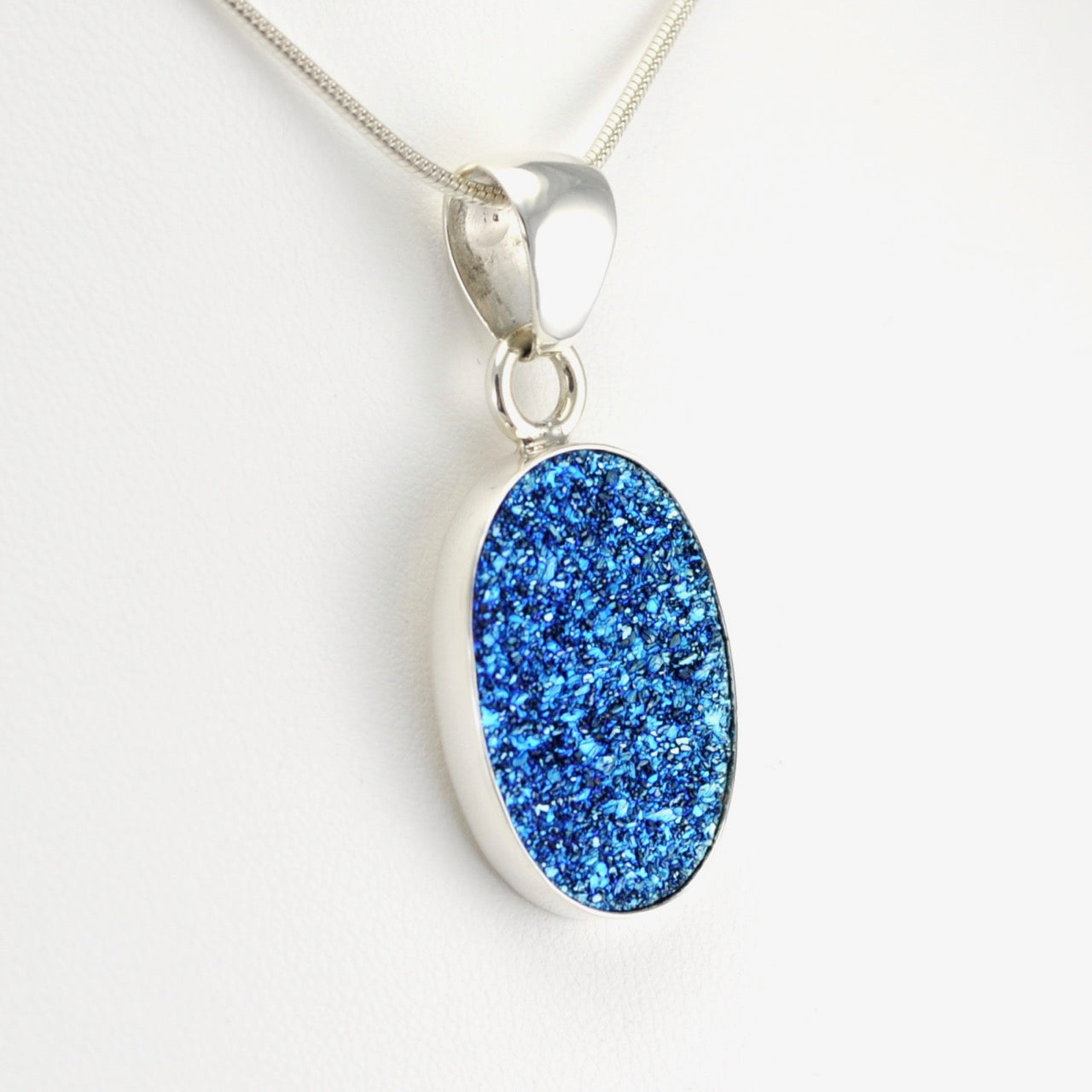 Side View Silver Blue Druzy Agate Oval Pendant