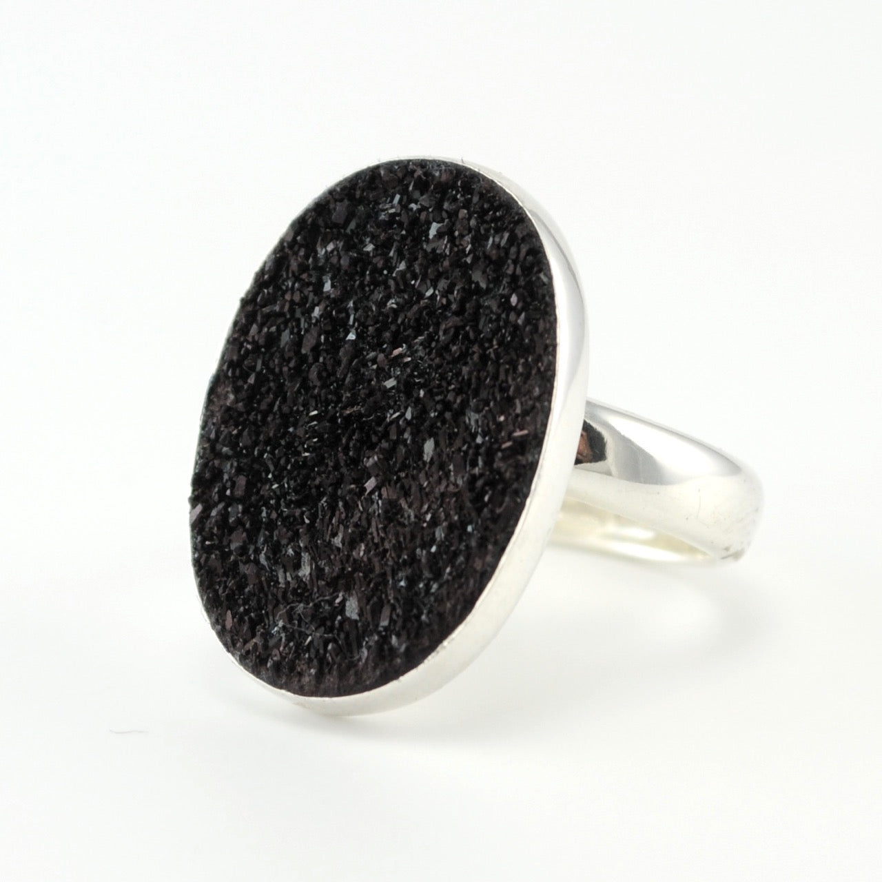 Silver Black Druzy Agate Oval Ring