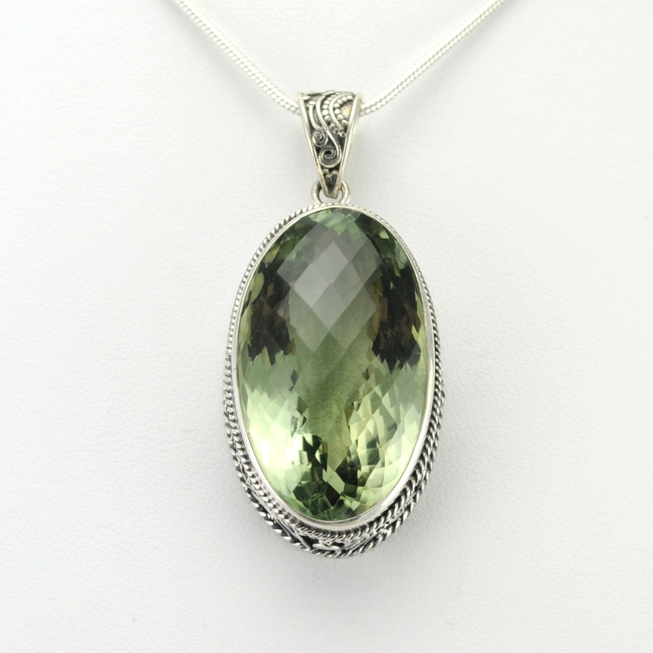 Alt View Silver Green Amethyst 18x30mm Oval Bali Pendant