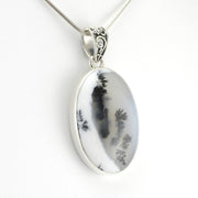 Side View Silver Dendritic Agate 20x32mm Oval Pendant
