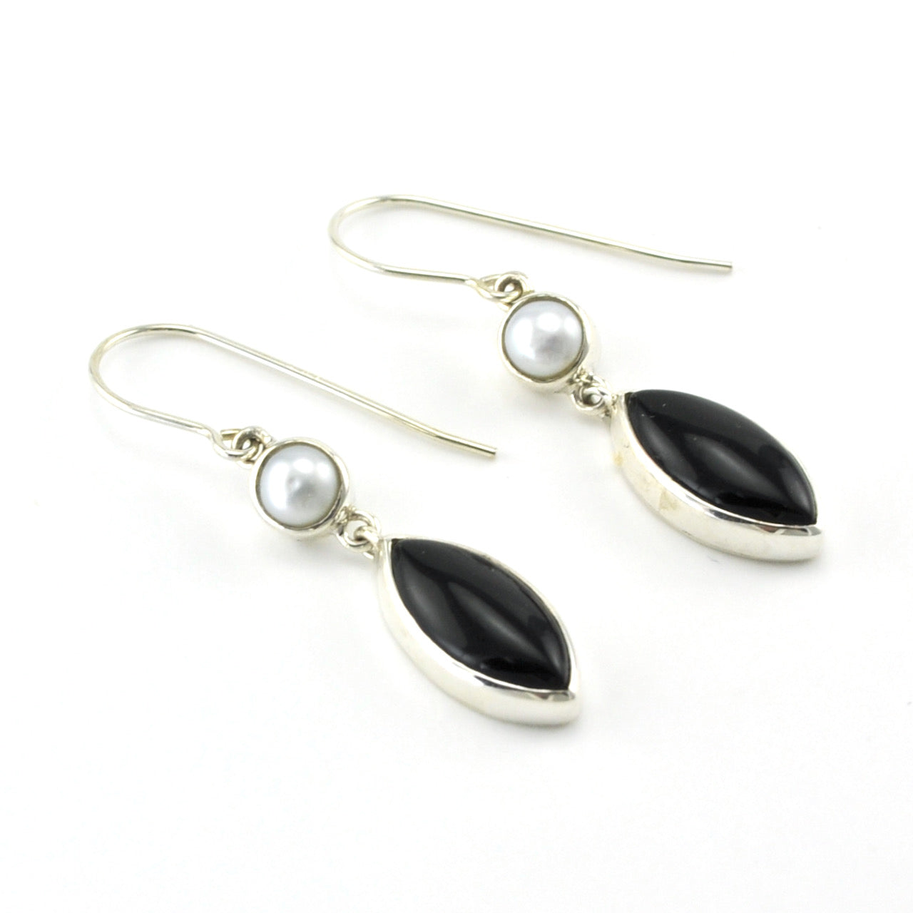 Silver Pearl Black Onyx Marquise Dangle Earrings