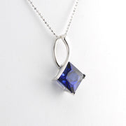 Side View Silver Created Sapphire 4ct Square Necklace