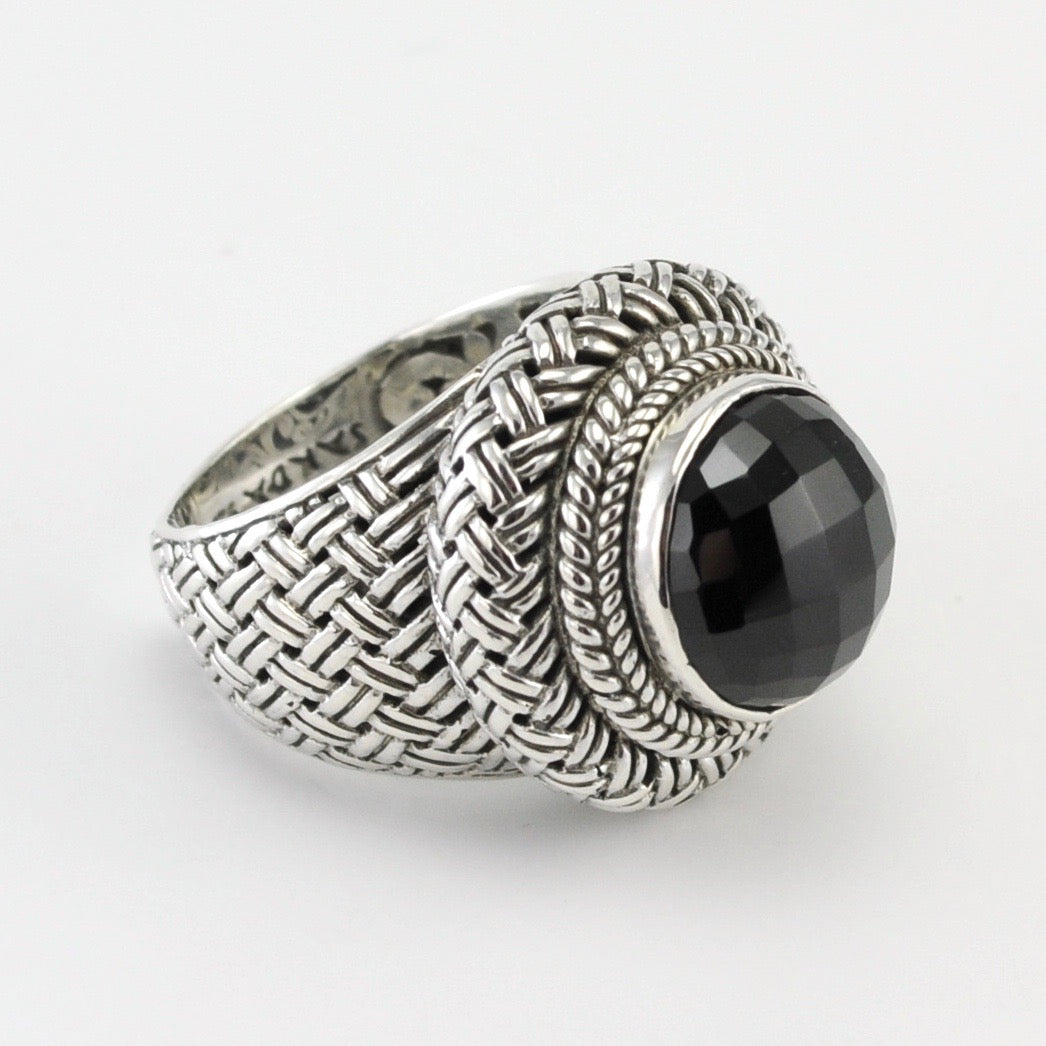 Side View Silver Black Spinel Woven Ring