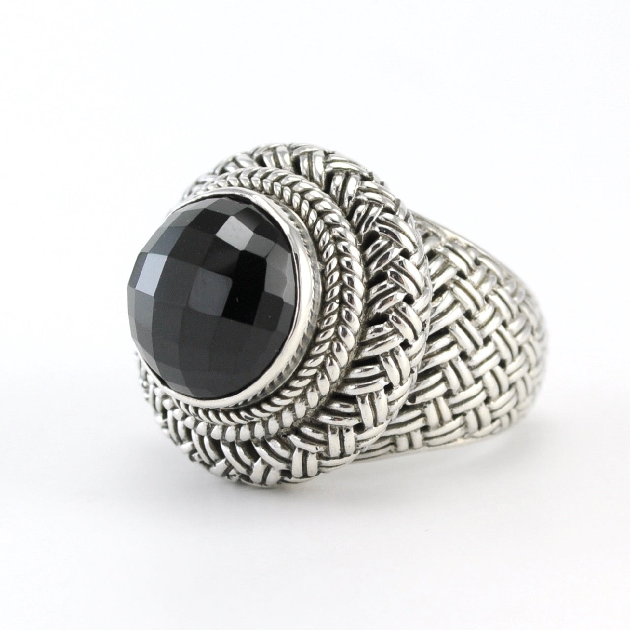 Silver Black Spinel Woven Ring