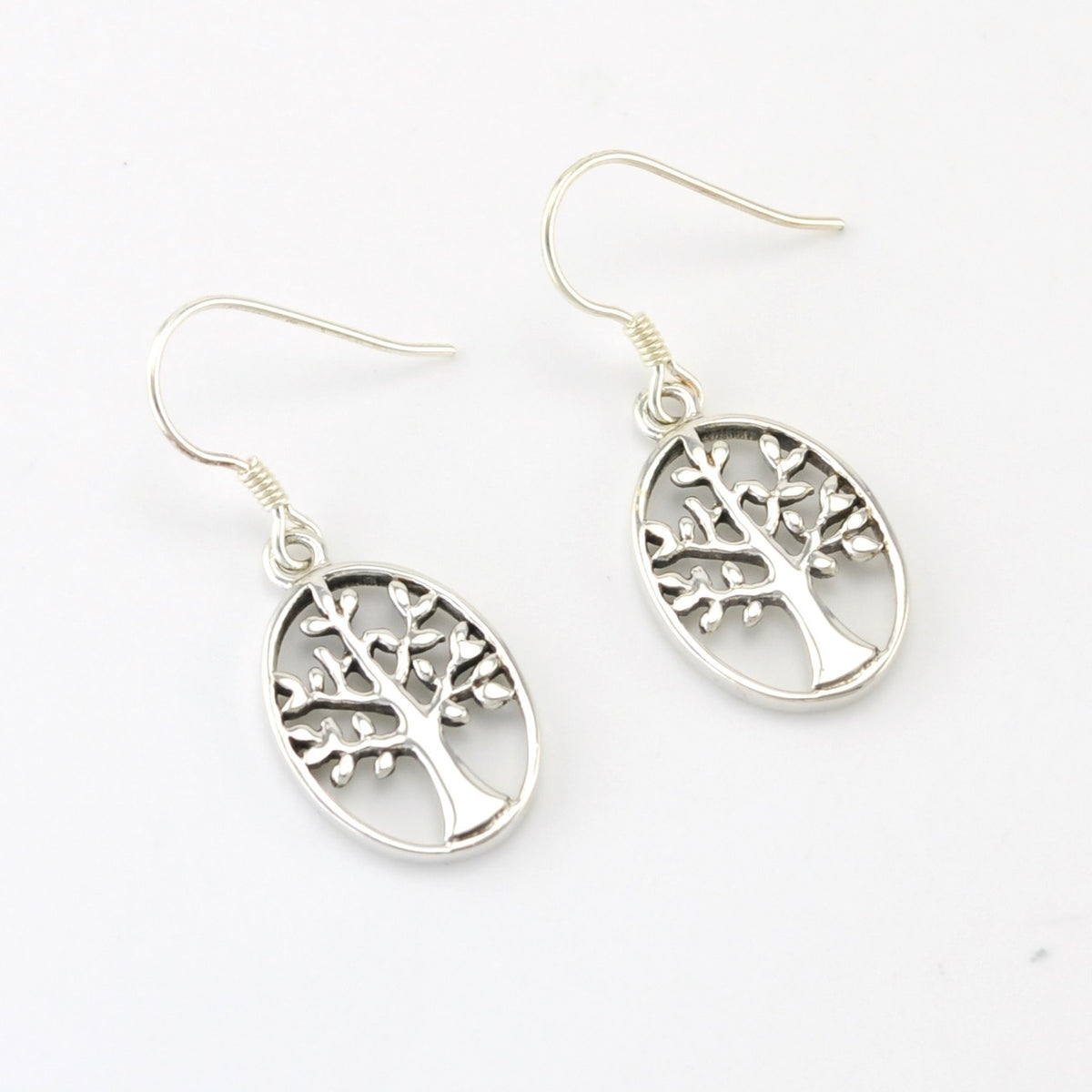 Side View Silver Tree of Life Oval Dangle Earrings