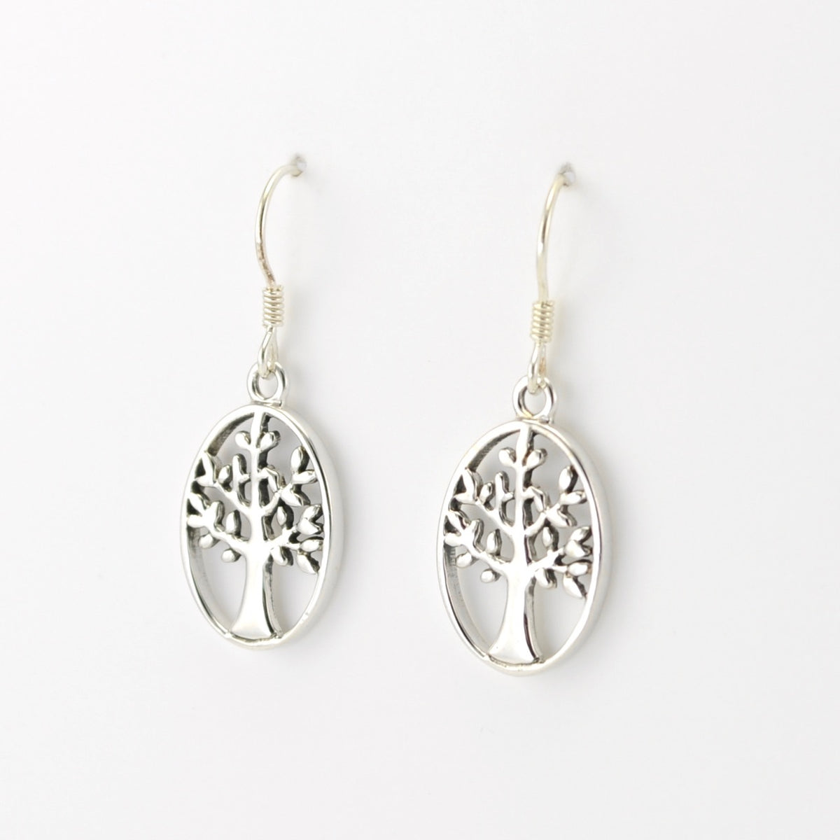 Silver Tree of Life Oval Dangle Earrings