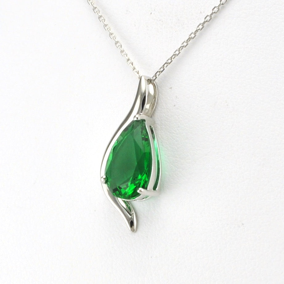 Side View Sterling Silver Created Emerald 2.2ct Tear Necklace