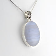 Side View Silver Blue Lace Agate Oval Pendant