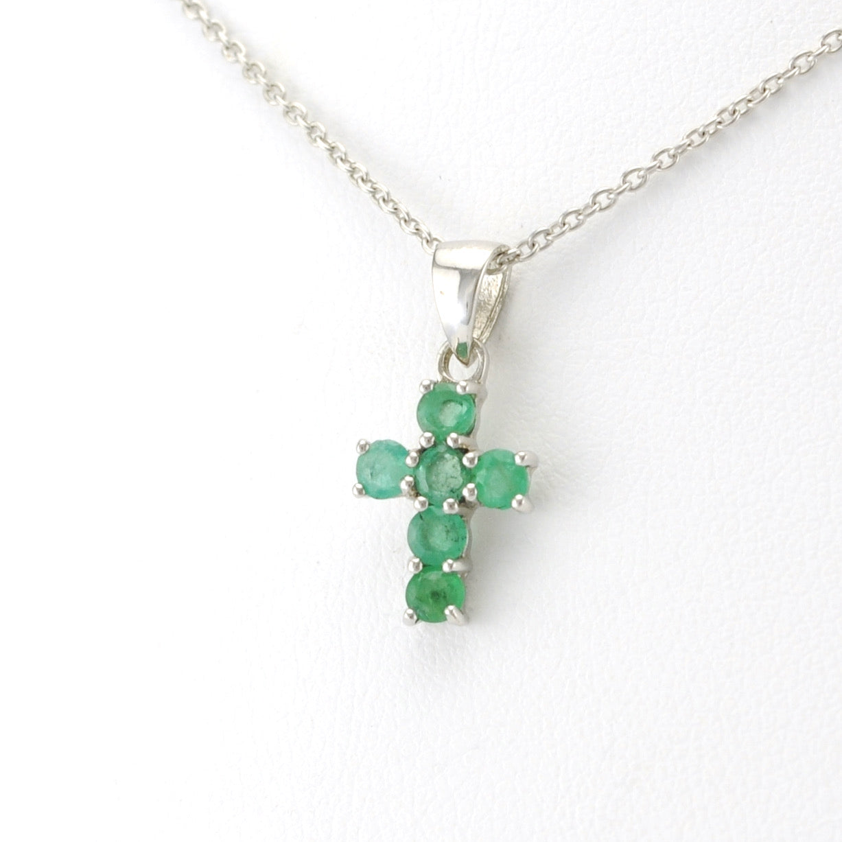 Side View Silver Emerald Cross Necklace