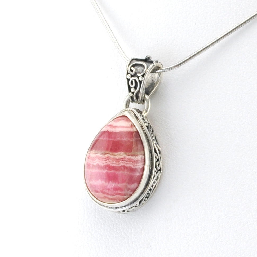 Silver Rhodochrosite Tear Bali Pendant