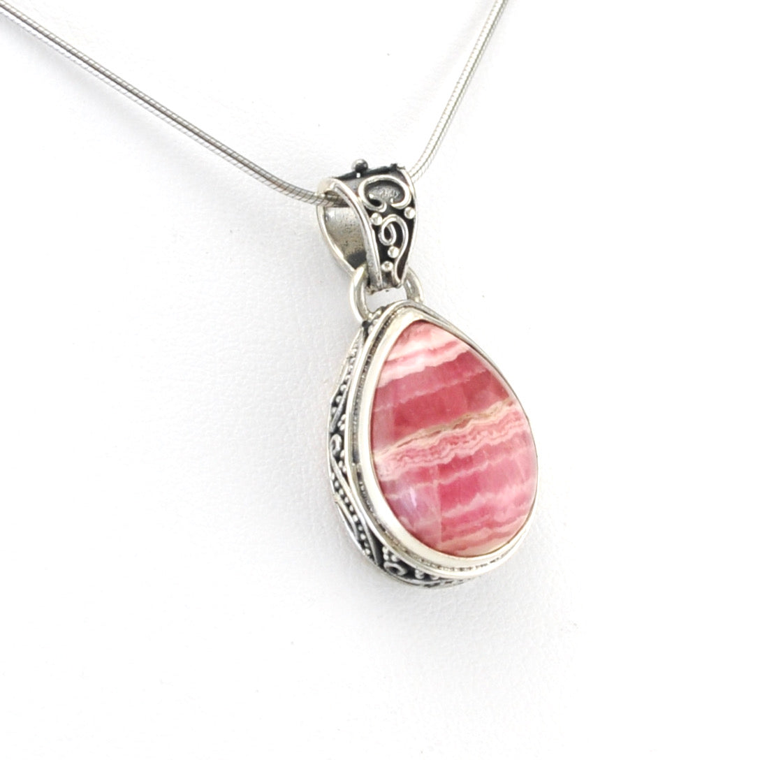 Side View Silver Rhodochrosite Tear Bali Pendant