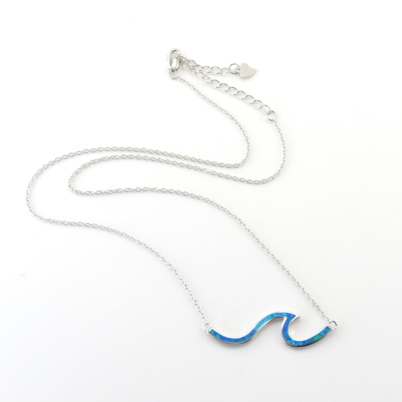 Silver Created Blue Opal Wave Necklace
