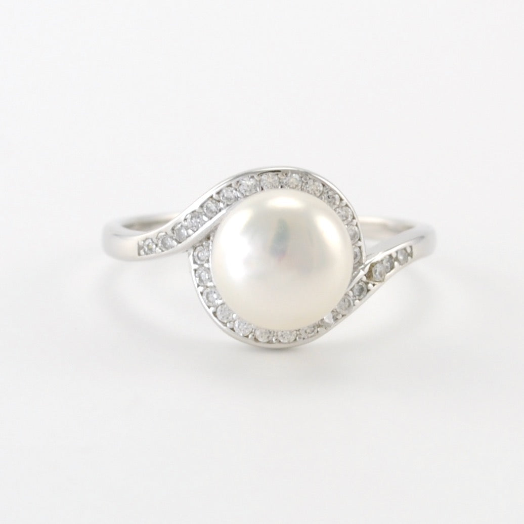 Silver Pearl CZ Swirl Ring