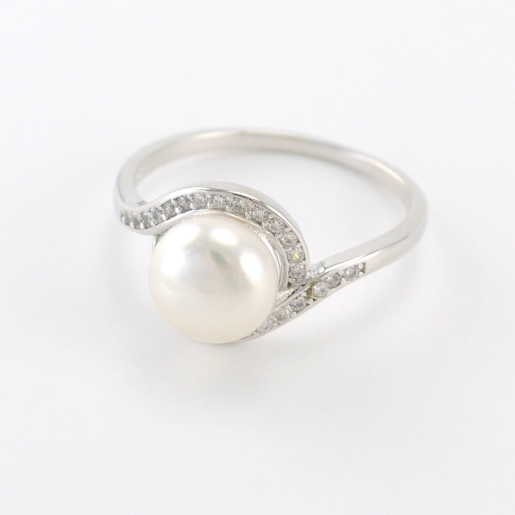 Side View Silver Pearl CZ Swirl Ring