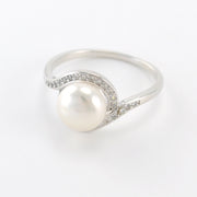 Side View Silver Pearl CZ Swirl Ring