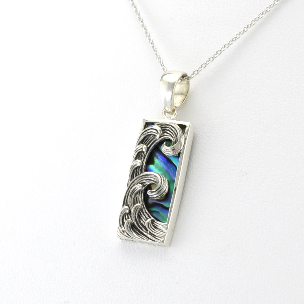 Side View Silver Abalone Rect Small Wave Necklace