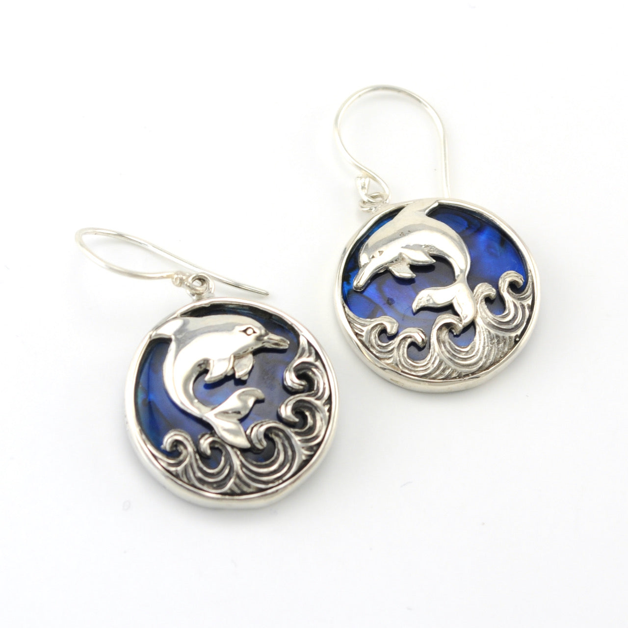Silver Blue Abalone Dolphin on Wave Earrings