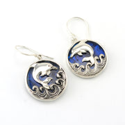 Silver Blue Abalone Dolphin on Wave Earrings