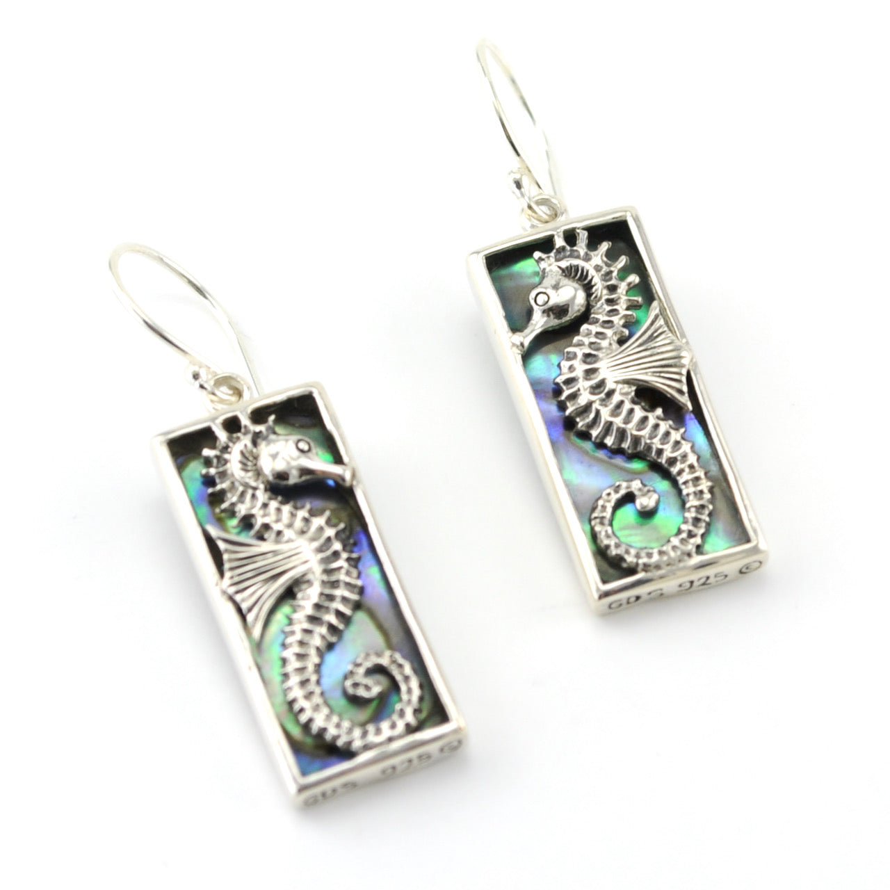 Silver Abalone Seahorse Rectangle Earrings