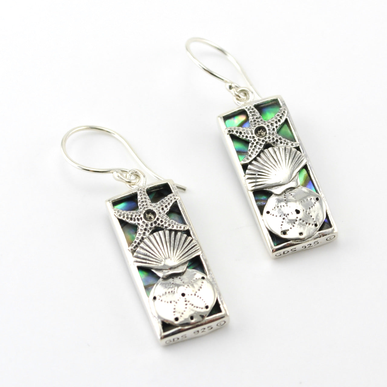 Side View Silver Abalone Seashell Rectangle Earrings