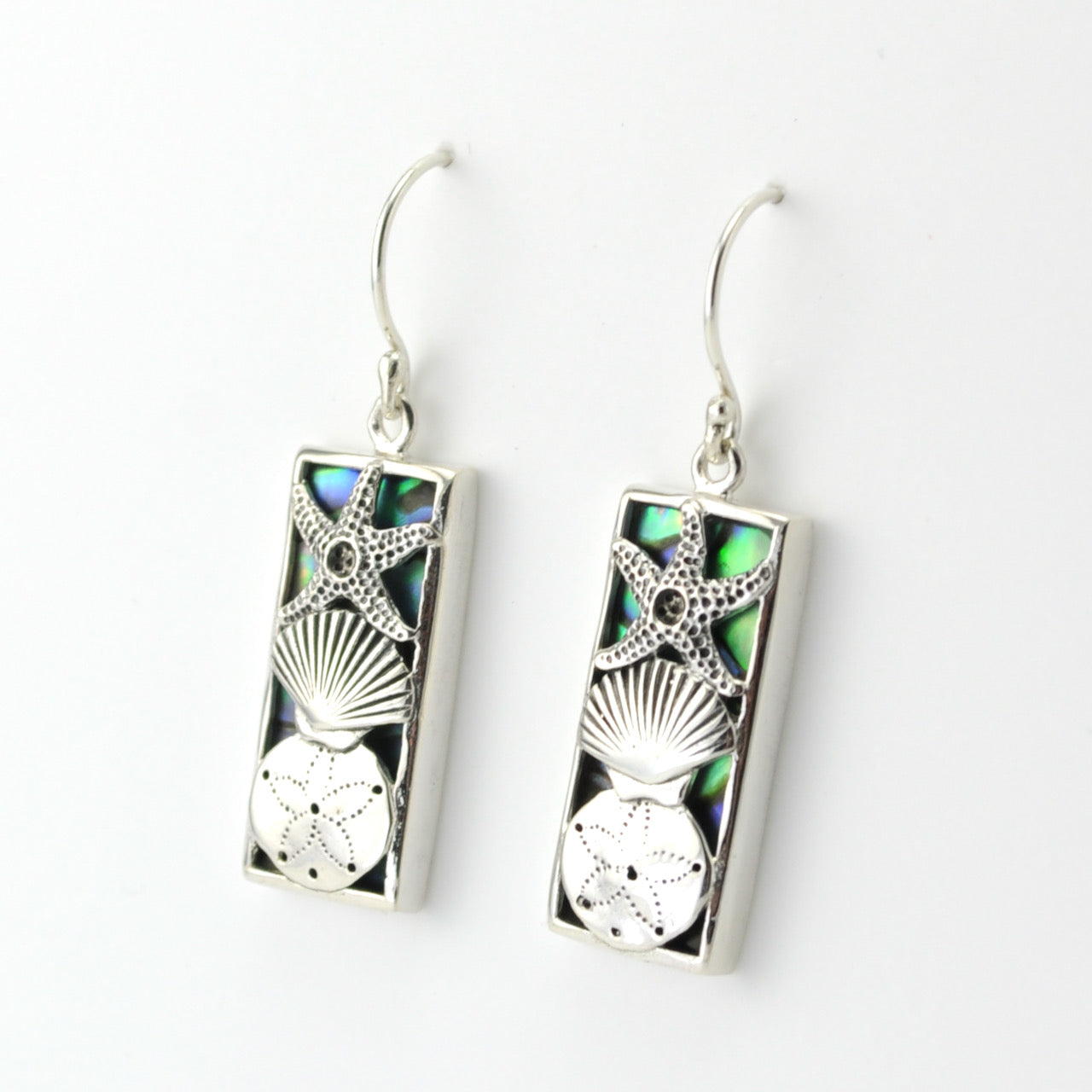 Silver Abalone Seashell Rectangle Earrings