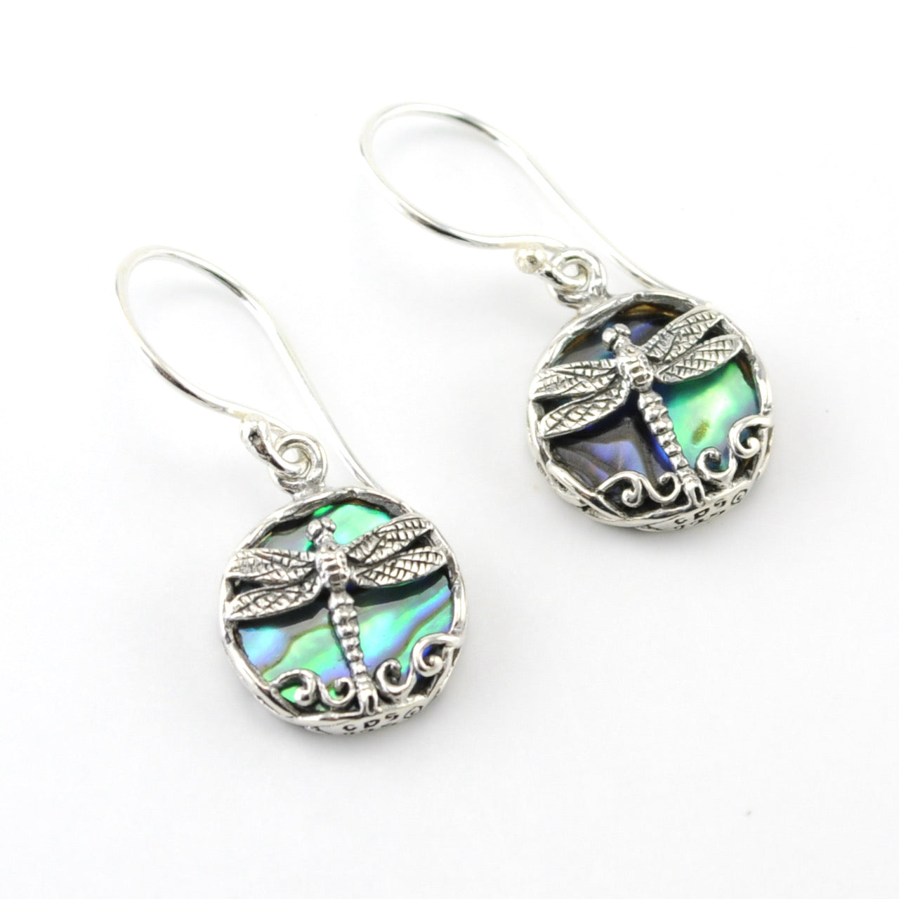 Side View Silver Abalone Dragonfly Small Earrings