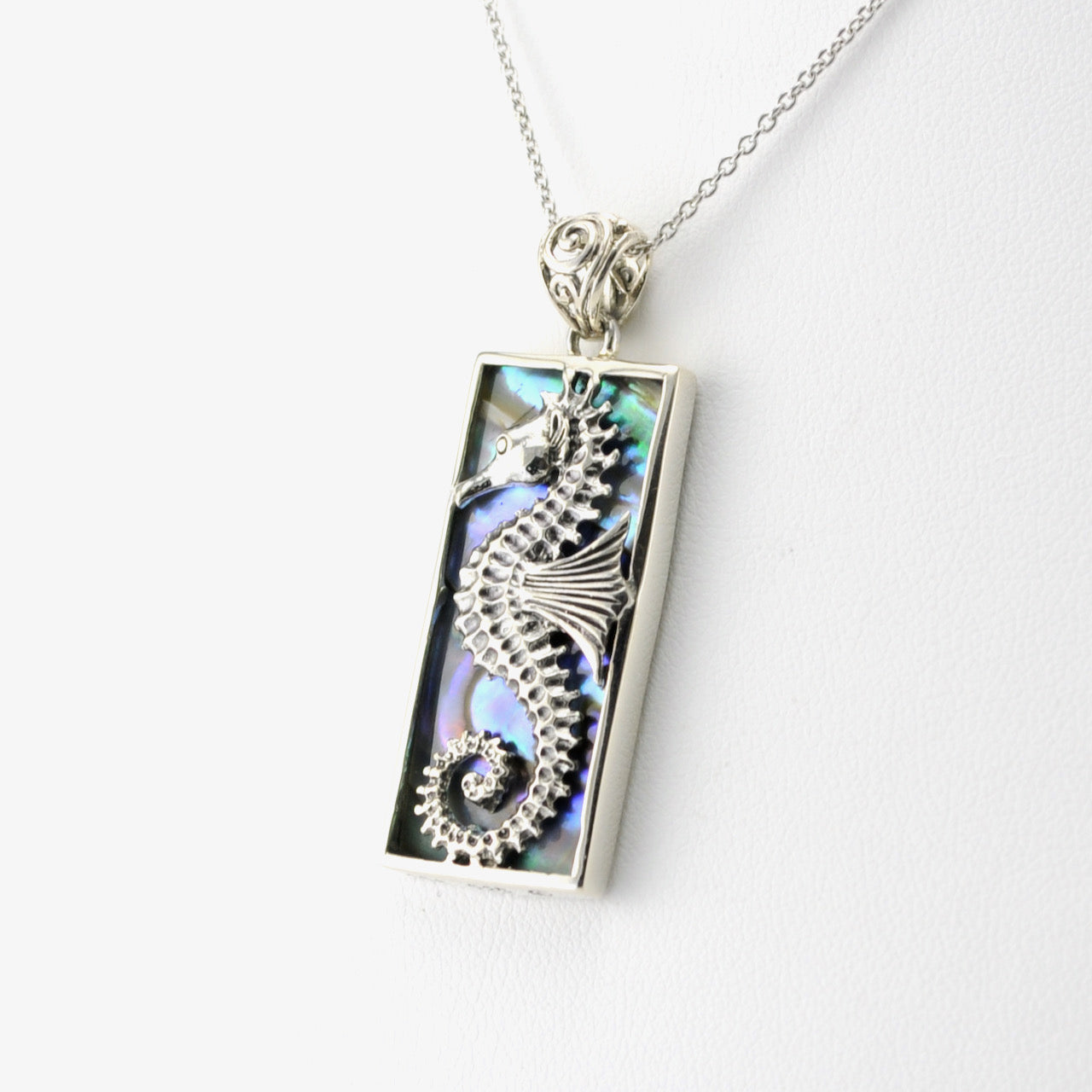 Side View Silver Abalone Seahorse Rectangular Pendant