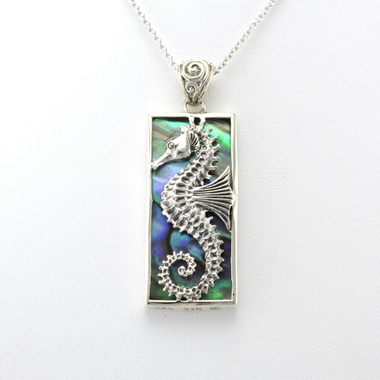 Silver Abalone Seahorse Rectangular Pendant
