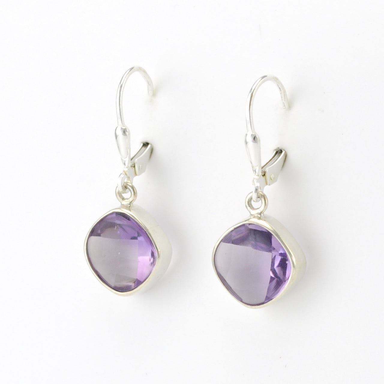 Silver Amethyst 10mm Offset Square Dangle Earrings