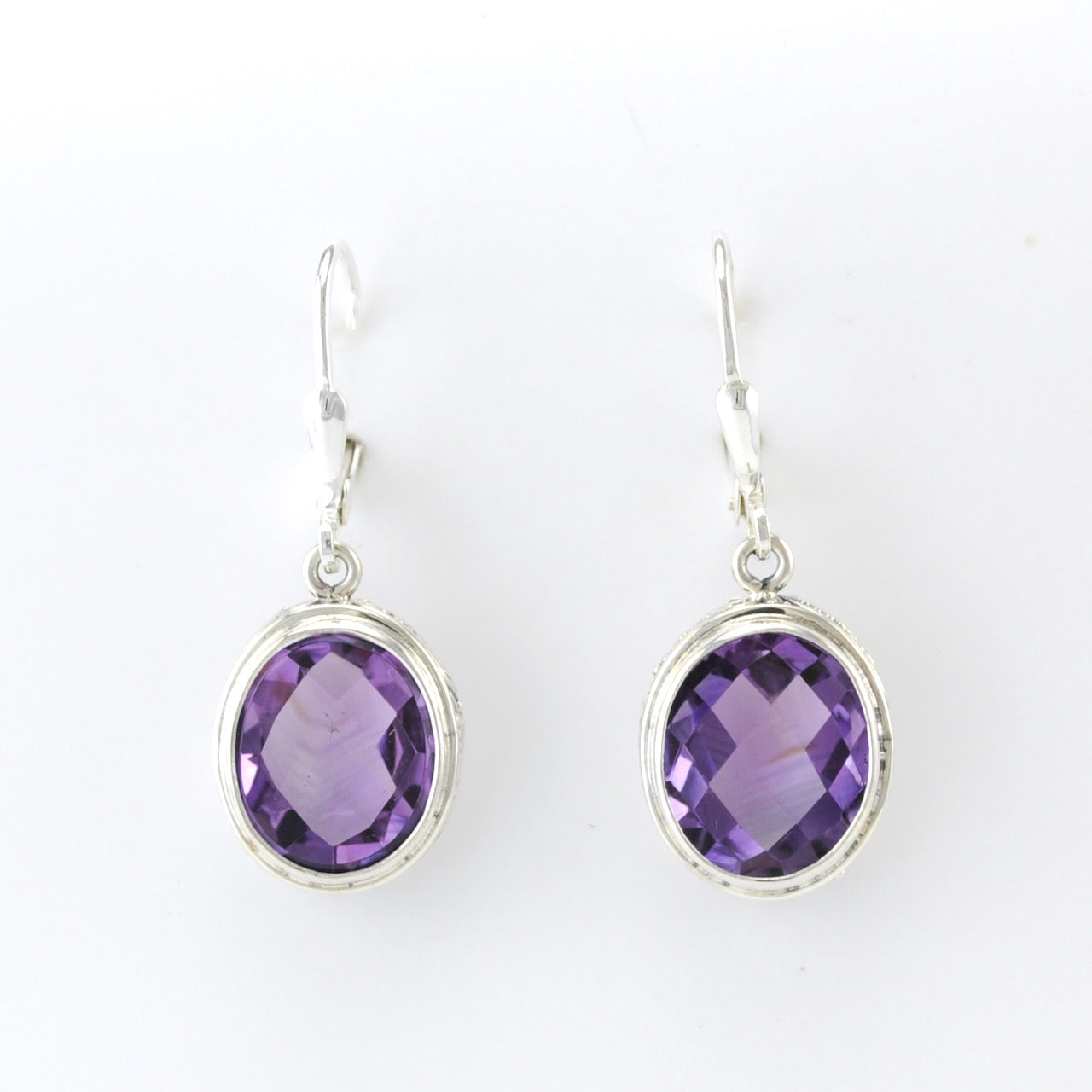 Alt View Silver Amethyst 10x12mm Oval Bali Dangle Earrings