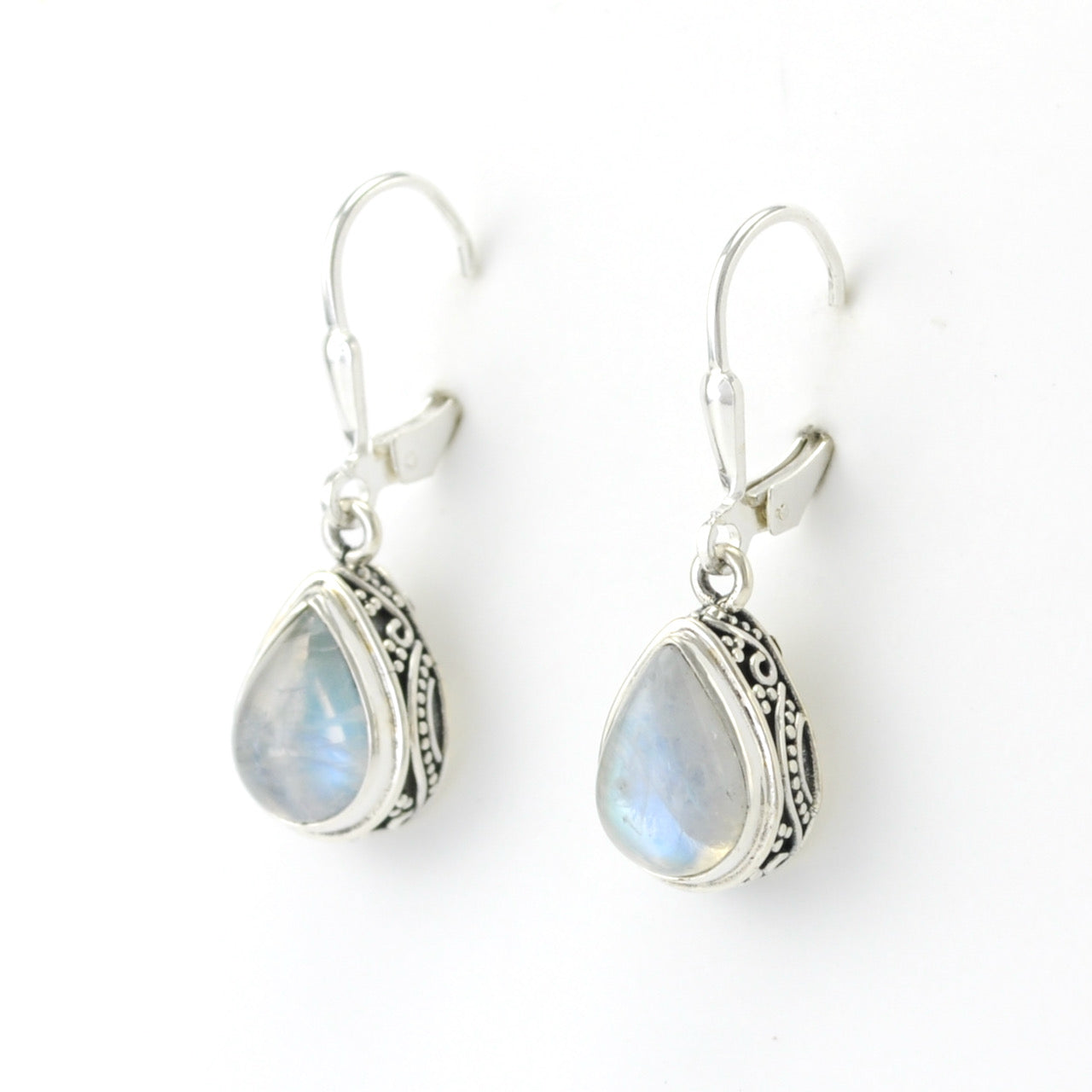 Silver Moonstone 8x10mm Tear Bali Dangle Earrings