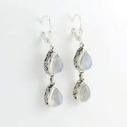 Side View Silver Moonstone 2 Tear Bali Dangle Earrings