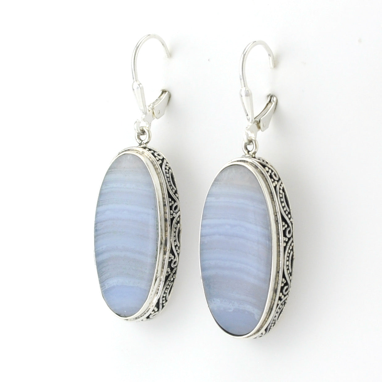 Sterling Silver Blue Lace Agate 13x27mm Oval Bali Earrings