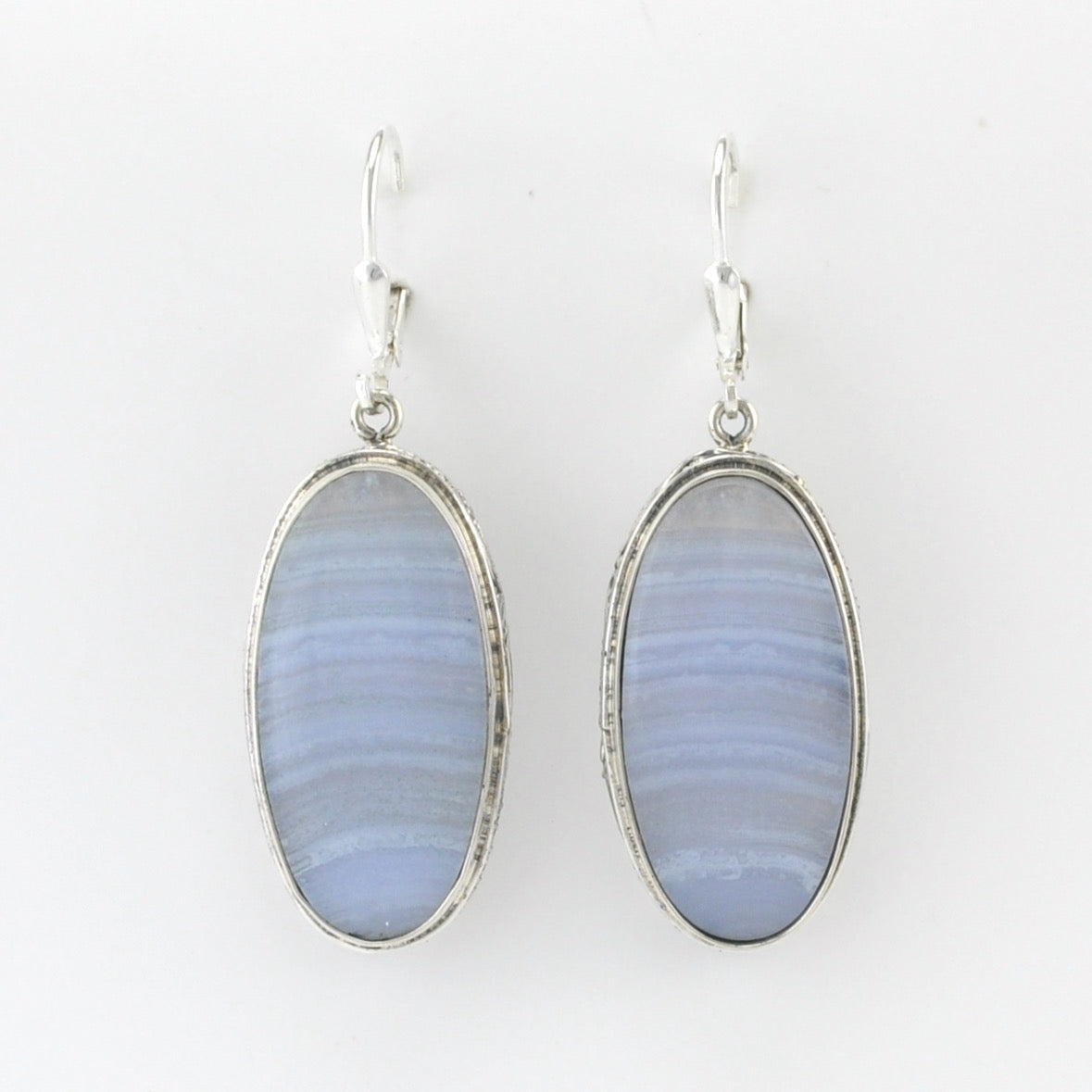 Sterling Silver Blue Lace Agate 13x27mm Oval Bali Earrings