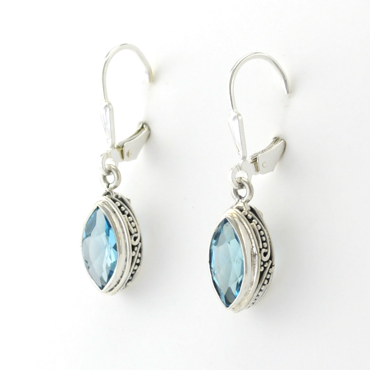 Silver Blue Topaz 5x10mm Marquise Bali Earrings