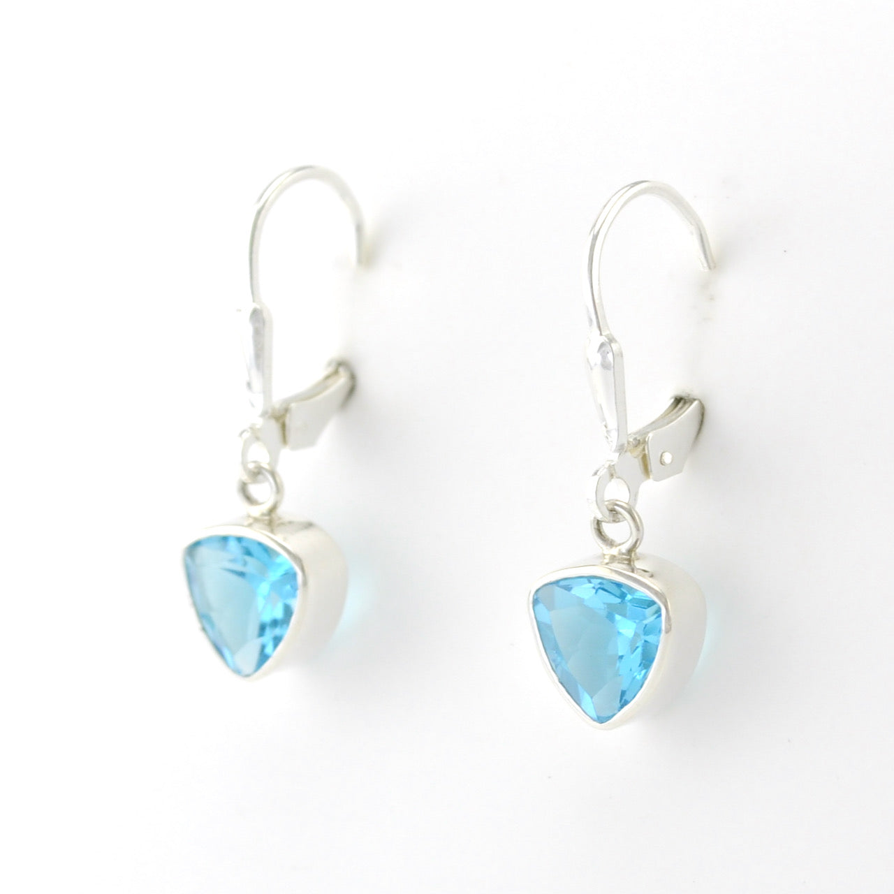 Silver Blue Topaz 7mm Trillion Dangle Earrings