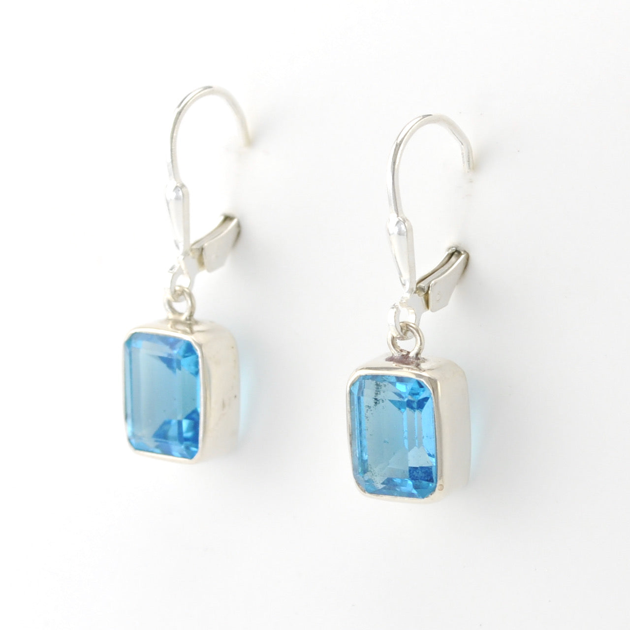 Silver Blue Topaz 7x9mm Rectangle Dangle Earrings