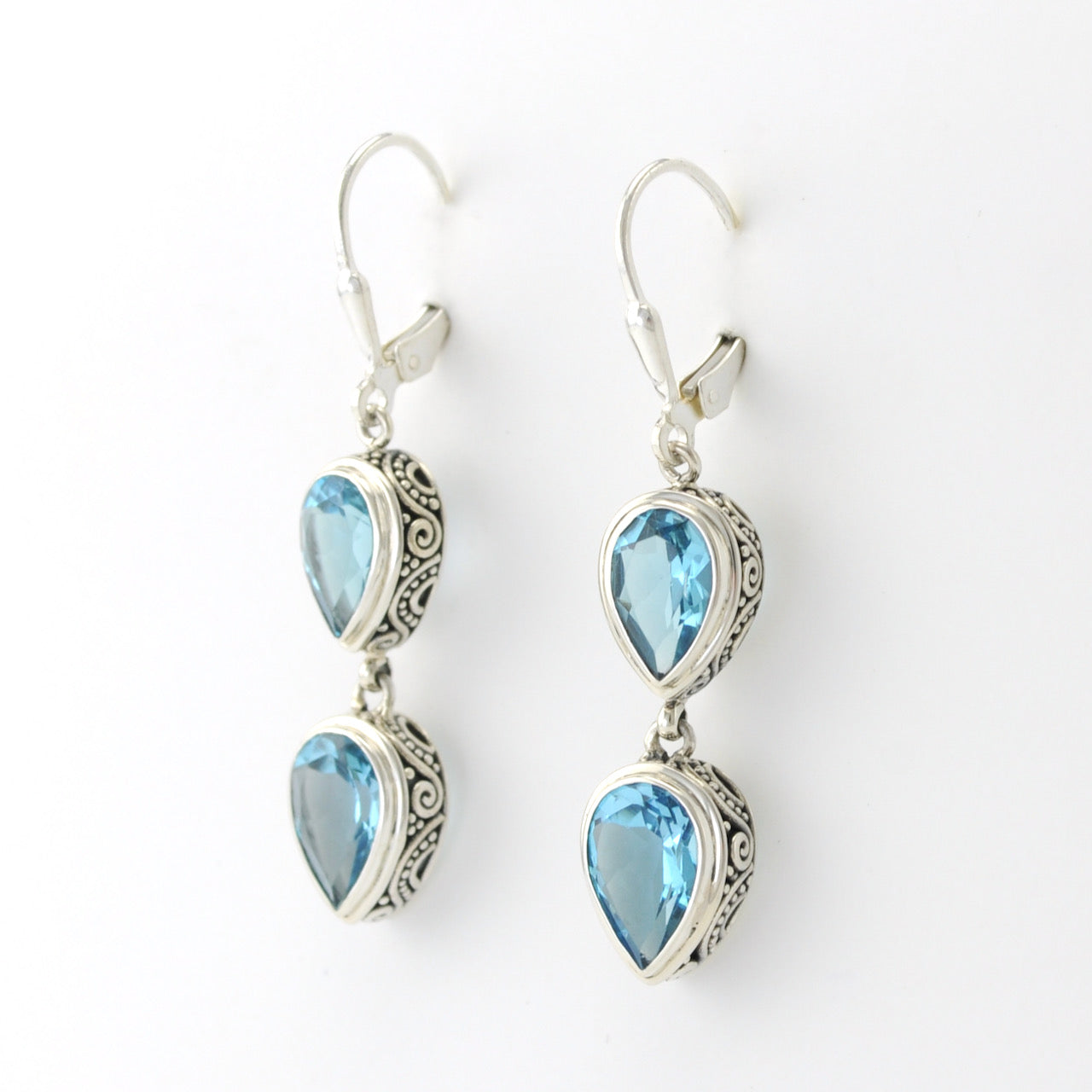 Silver Blue Topaz 2 Tear Bali Dangle Earrings