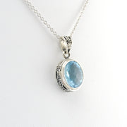 Side View Silver Aquamarine 9x11mm Oval Bali Necklace