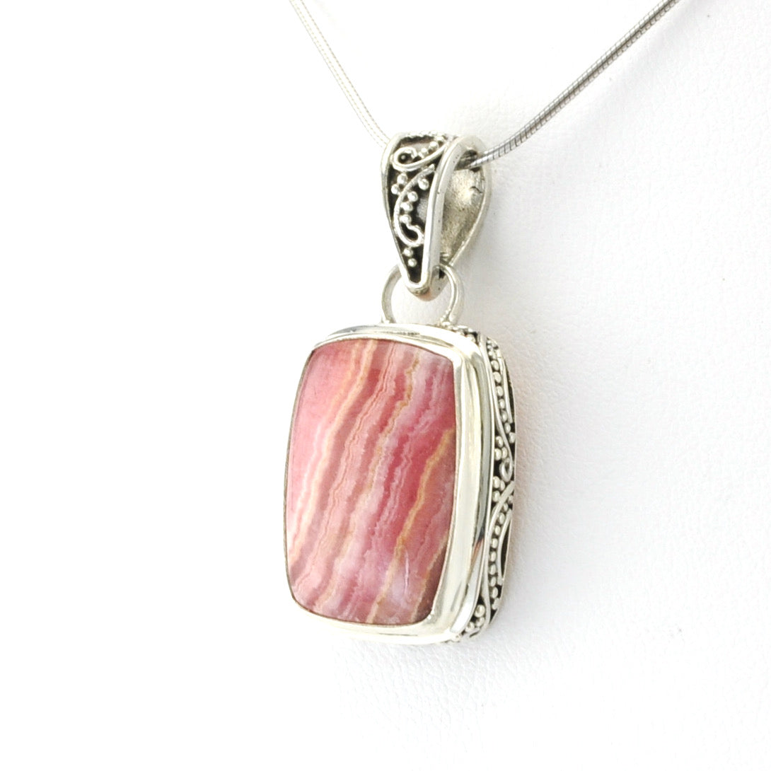 Silver Rhodochrosite 13x19mm Rect Bali Pendant