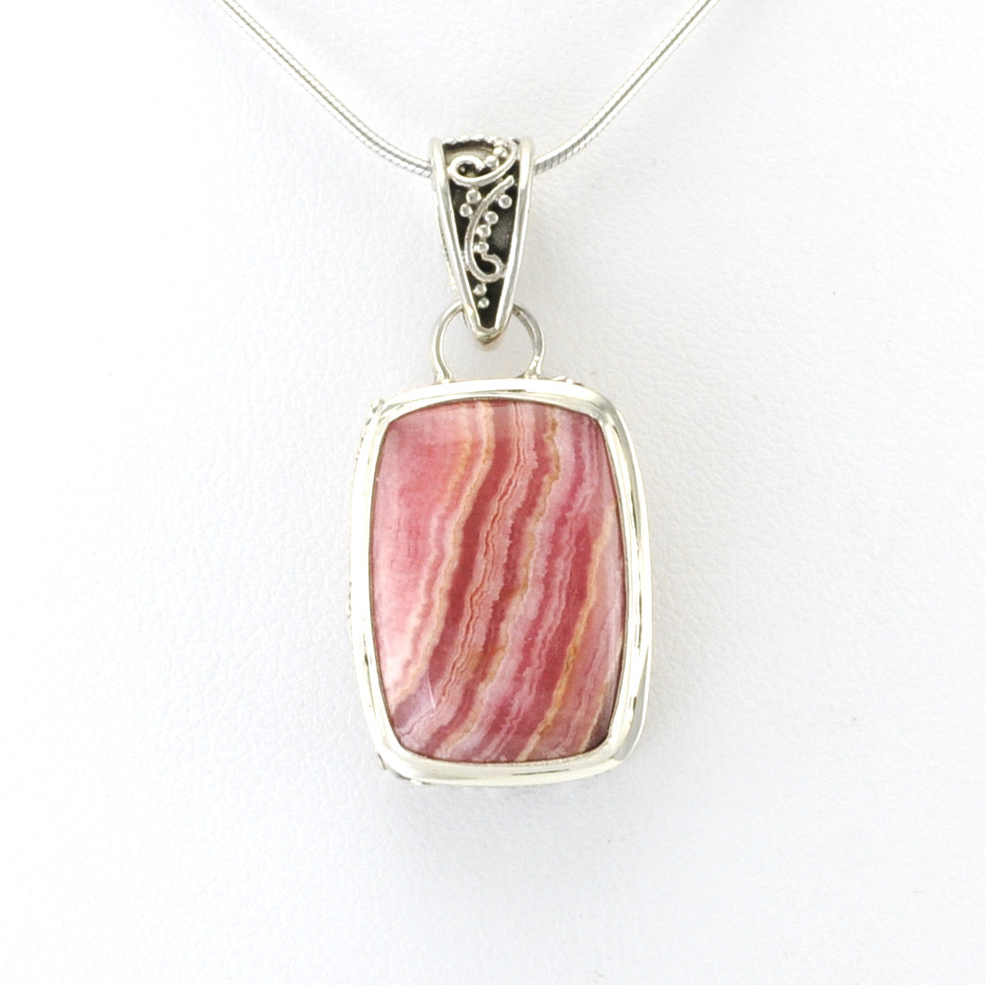 Alt View Silver Rhodochrosite 13x19mm Rect Bali Pendant