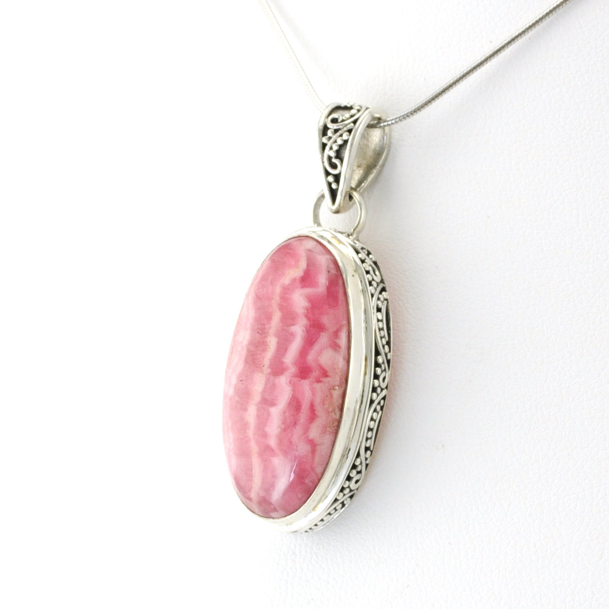 Silver Rhodochrosite 14x28mm Oval Bali Pendant