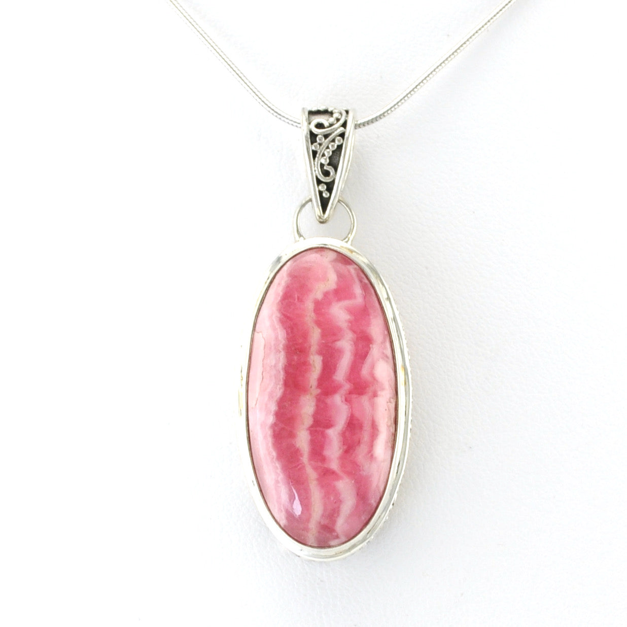 Alt View Silver Rhodochrosite 14x28mm Oval Bali Pendant